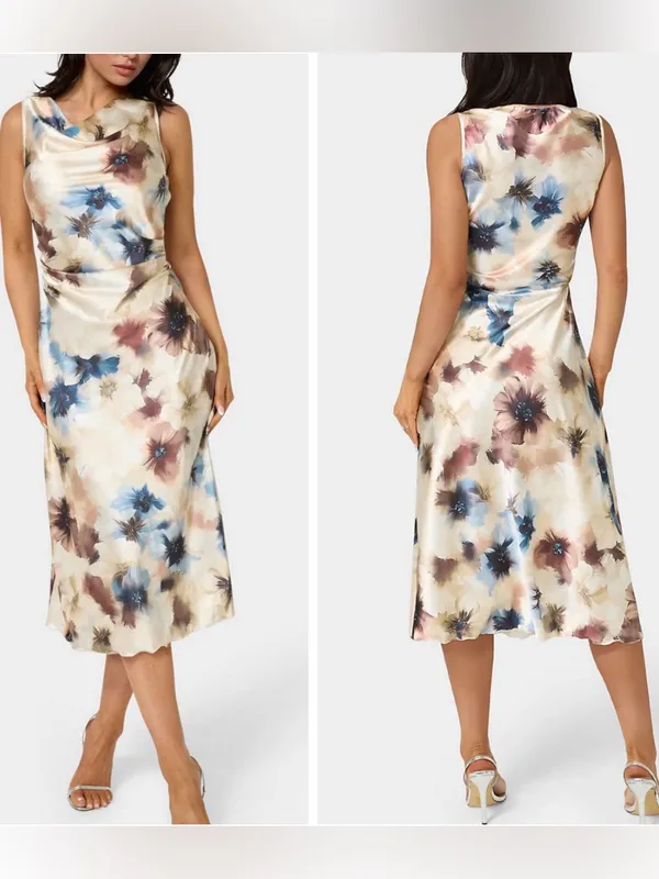 Women’s Bebe Tan Blue Satin Floral Print Sleeveless Cowl Neck Midi Dress Size XS - Image 2