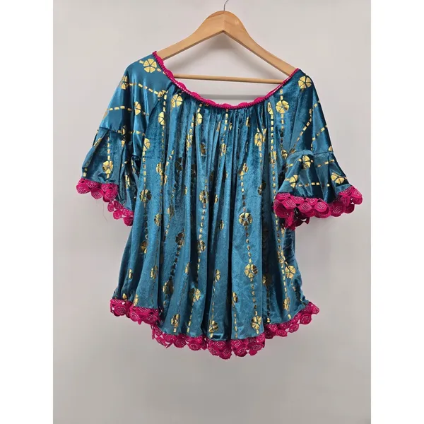 Blouse Womens M Boho Velvet Teal Gold Foil Crochet Trim EUC - Image 2