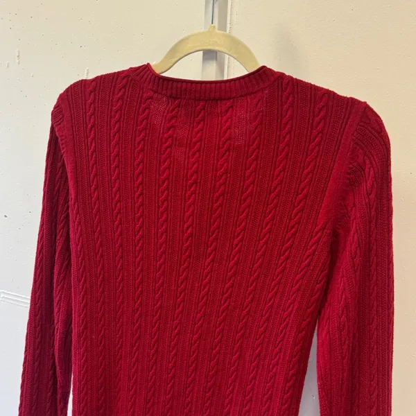 Eddie Bauer Red Cable Knit Ruffle Button Front Cardigan Sweater XS Holiday - Image 5