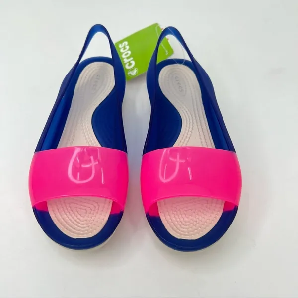 Crocs Cerulean colorblock pink blue slingback peep toe sandals shoes size 5 NEW - Image 2