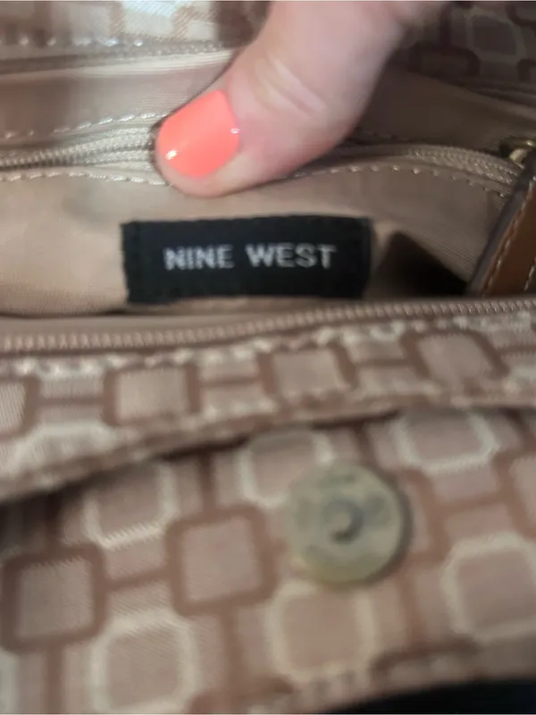 Nine West Beige Jacquard Mini Hobo Shoulder Bag Tan Zip Organizer Purse - Image 9