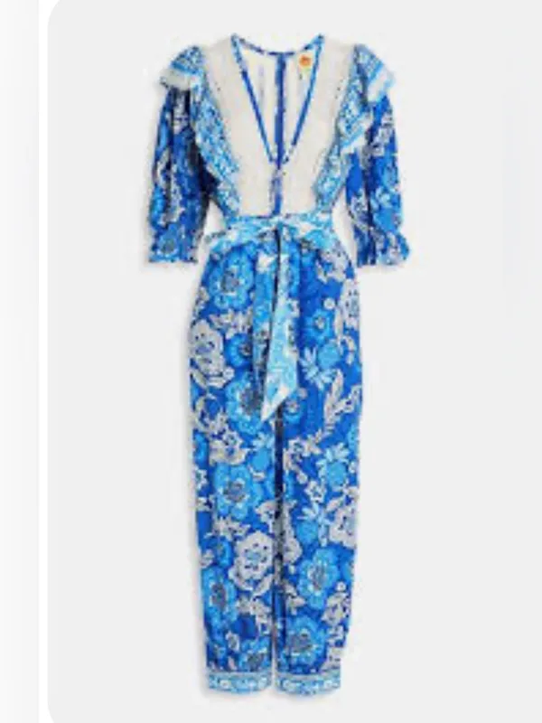 FARM Rio Full of Flowers Blue Floral Lace Jumpsuit Small Flaw Vacay Boho S-S - Image 2