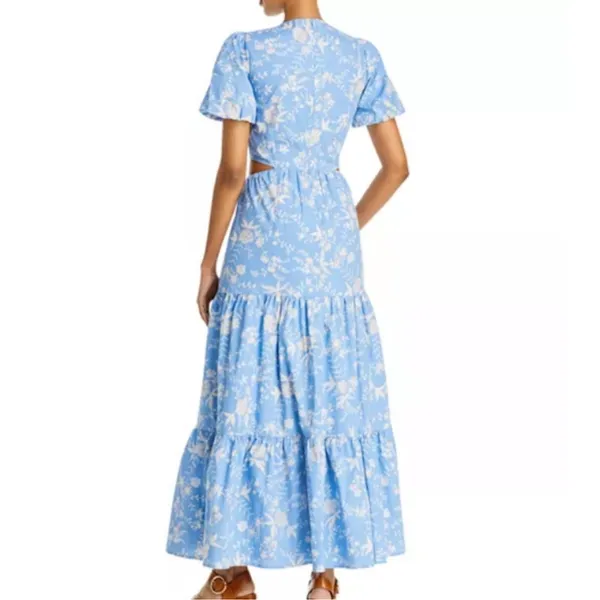 WAYF Plaza Cutout Puff Sleeve Cottagecore Floral Tiered Maxi Dress Blue White Sm - Image 3