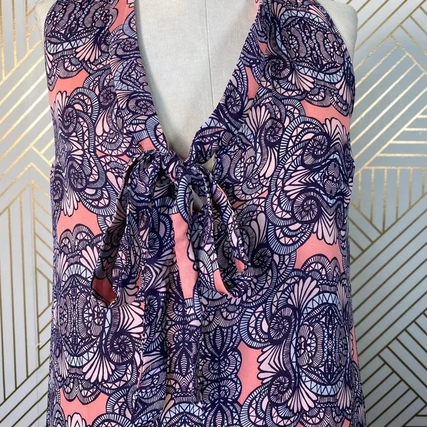Amanda Uprichard Mini Dress Drop Hem Tie Neck Geometric Print Pink Purple Small‎ - Image 2