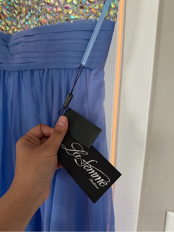 La Femme Periwinkle Blue Rhinestone Maxi Dress Event Prom Wedding Guest NEW - Image 6
