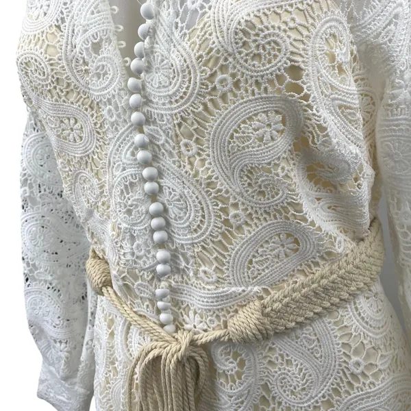 NEW L'atiste White Paisley Lace Long Sleeve Belted Midi A-Line Shirt Dress Sz M - Image 5