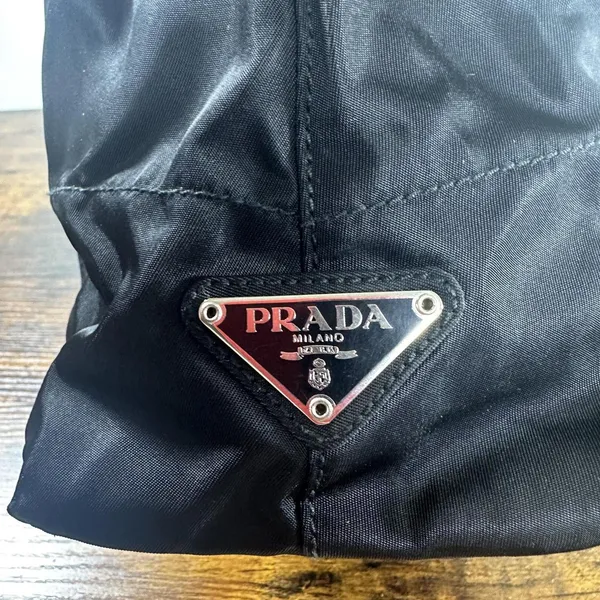 Prada Tessuto Nylon Shoulder Bag Medium Black Leather Strap Italy Logo Hardware - Image 14