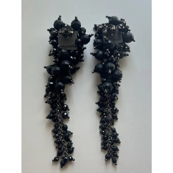 New Brunello Cucinelli Black Beaded Cluster Tassel Drop Earrings - Image 2