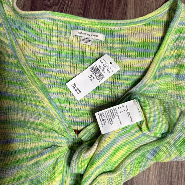 American Eagle Outfitters Lime Green Multi-Stripe Long Sleeve Knit Tank/Cardigan - Image 4