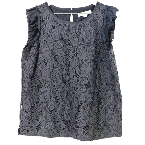 LOFT Gray Lace Ruffle Sleeve Blouse Keyhole Back Top Women’s Medium - Image 2