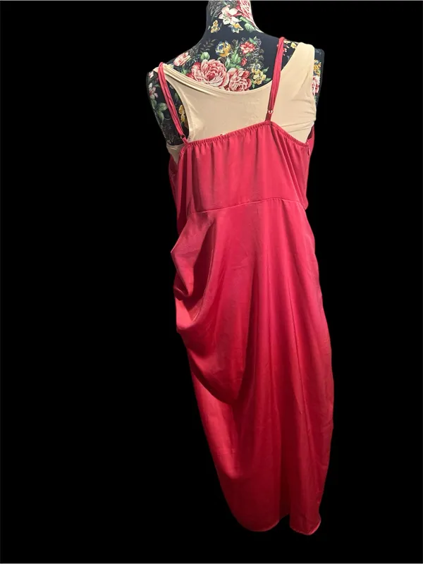 XXL Plus Hot Pink Satin Cowl Neck Ruched Slip Midi Dress Cocktail Party GUC - Image 3