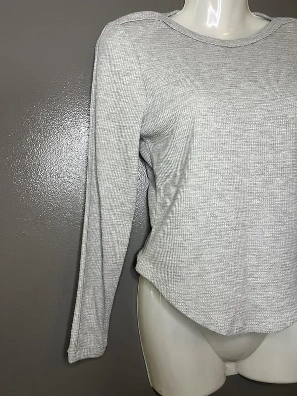 Free People Shirt Womens Small Gray Waffle Knit Crew Neck Long Sleeve Top - Image 3