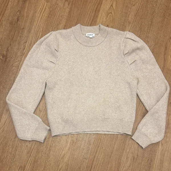 Sugarlips Large Oatmeal Beige Long Sleeve Sweater Cropped Pleated - Image 2