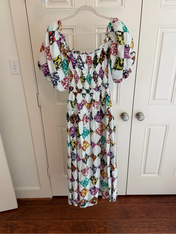 Anthropologie Smocked Puff-Sleeve Maxi Dress in White with Multicolor Diamond Print - Image 2