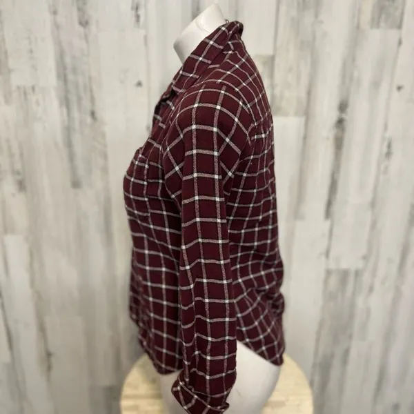 Hollister Plaid Button Down Flannel Shirt Womens S Burgundy Maroon Windowpane - Image 2