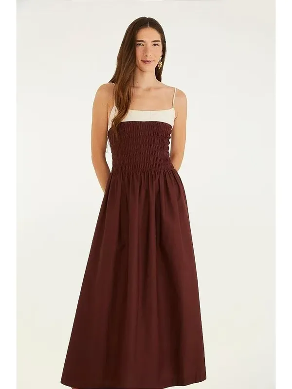 NWOT Farm Rio Cotton Sleeveless Midi Dress Brown and Ivory Sz XS - Image 2