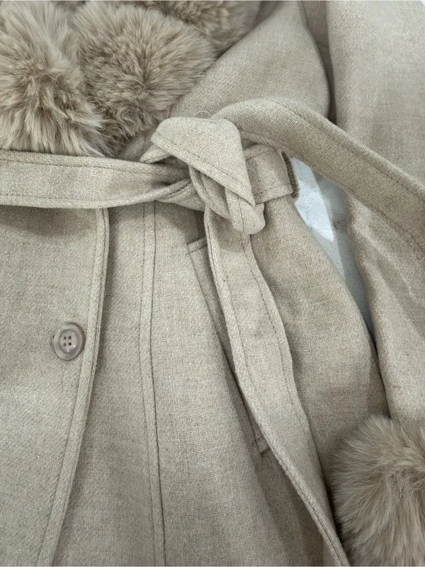 EMPRADA Women's Cream Faux Fur Collar Long Coat - Image 8
