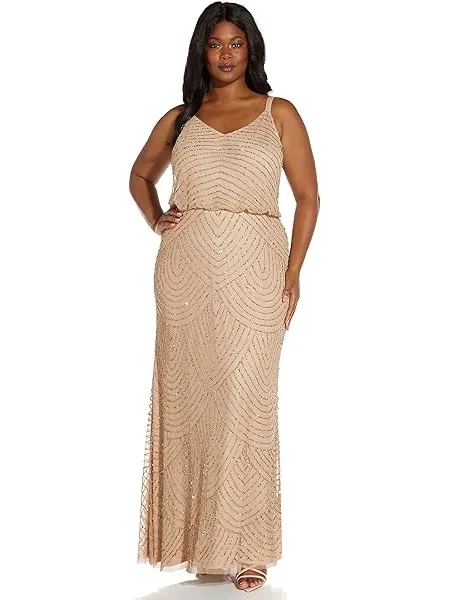 Adrianna Papell gown Art Deco Beaded Blouson maxi dress formal blush intricate - Image 5