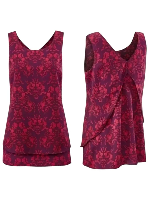 Cabi Sleeveless Blouse Medium Purple Pink Print V-Neck Layered Hem Top - Image 2