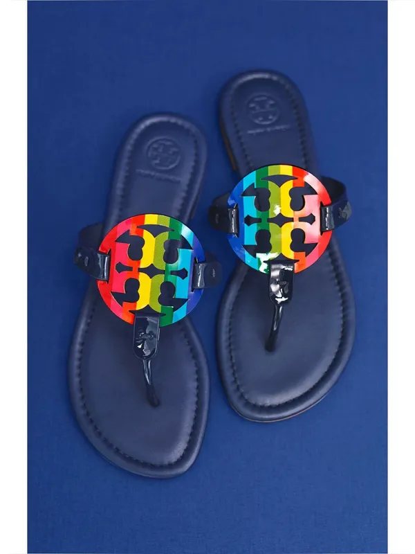 Tory Burch • Miller Sandal Rainbow / Royal Navy leather slide thong flip flop - Image 3