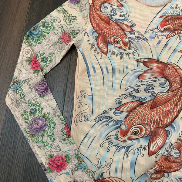 Miami Ink Tattoo Print Mesh Top Tan Koi Fish Floral Long Sleeve Y2K Slim XS/S - Image 3