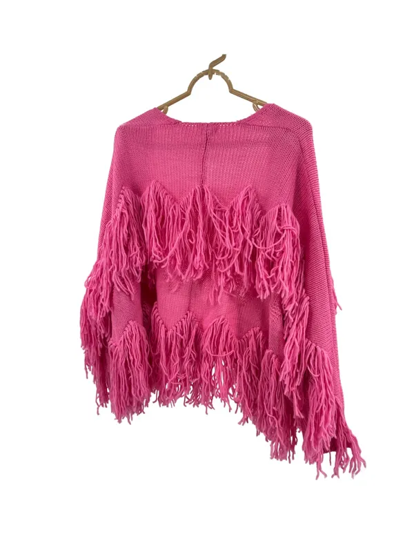 POL Pink Fringe open front oversized cardigan Sweater S boho casual fall winter - Image 2