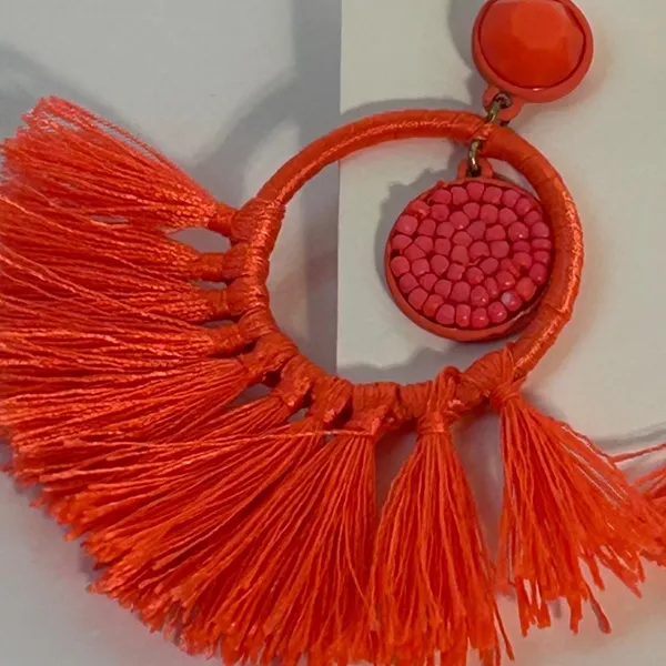 J. Crew Bright Orange Tassel Hoop Earrings Boho‎ Fiesta Statement Dangle - Image 3