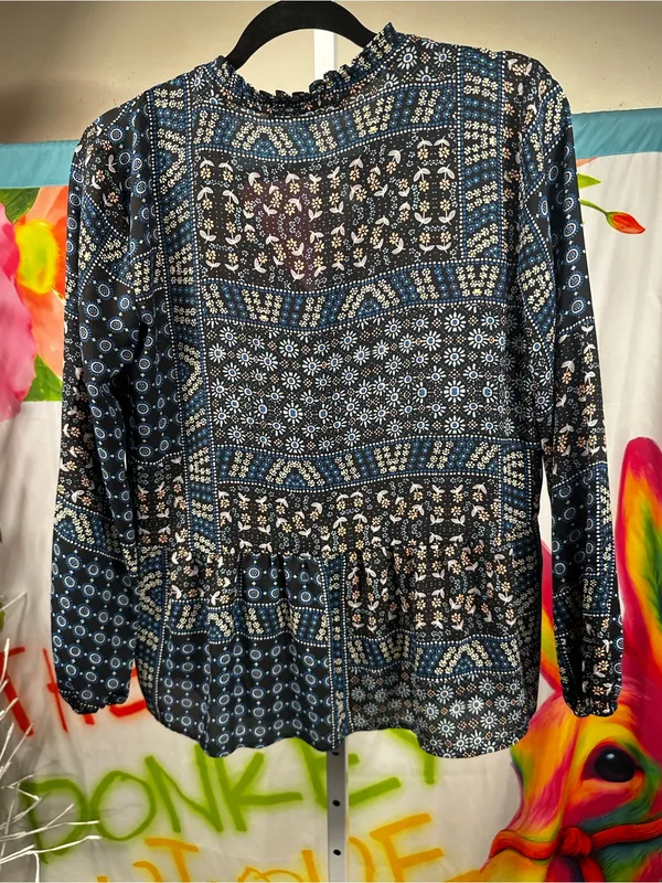 P290. LOFT Blue Patchwork Print Long Sleeve Top - Image 3