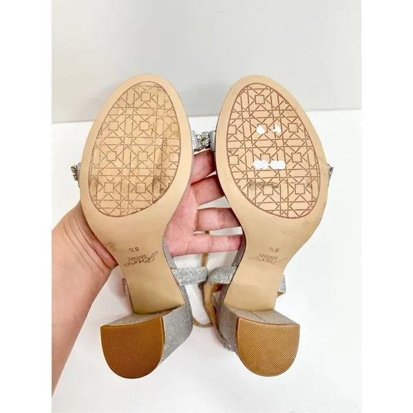 Badgley Mischka Sandals Size 8.5 Silver Block Heel Open Toe Embellished Bridal - Image 8