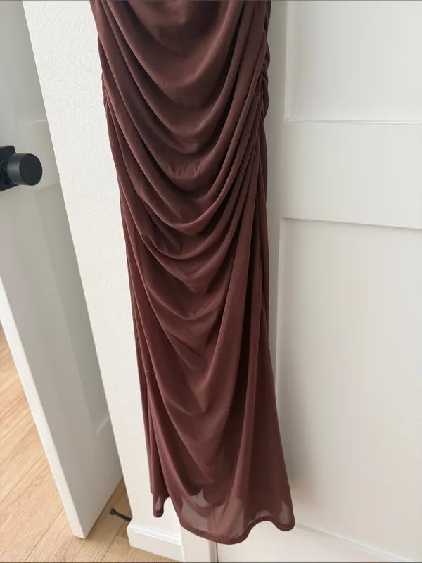 Ruched Cowl Neck Maxi Dress in Chocolate Brown - Image 3