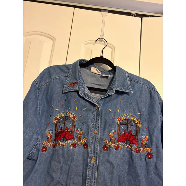 Bobbie Brooks Vintage‎ Denim Shirt Cottagecore Blue Embroidered Cardinal XL - Image 6
