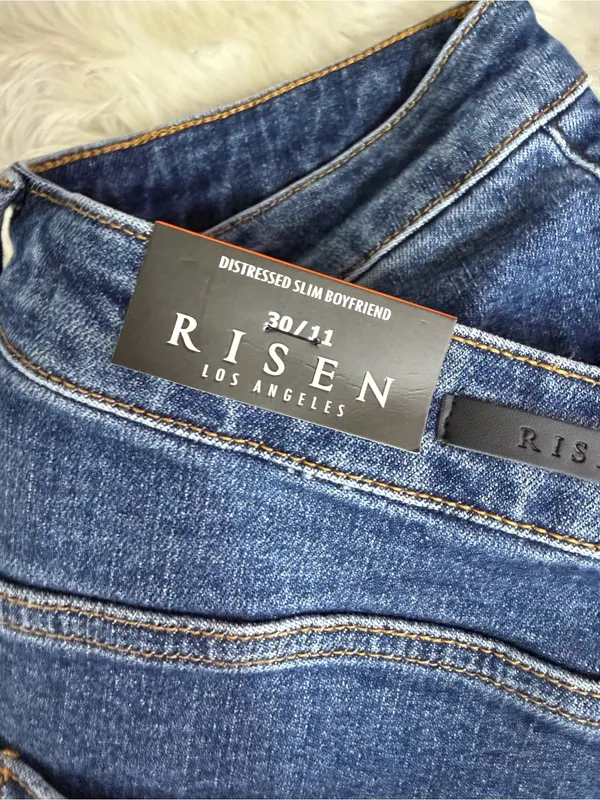 Risen Distressed Slim Boyfriend Jeans Size 30/11 High Rise Raw Hem NWT - Image 4