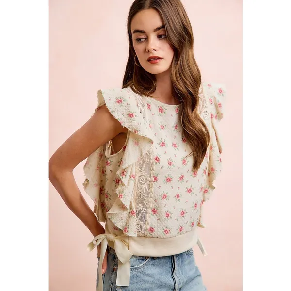 BiBi Flower Printed Ruffle Sleeve Trim Detail Top - Red Flower - Large - Image 5