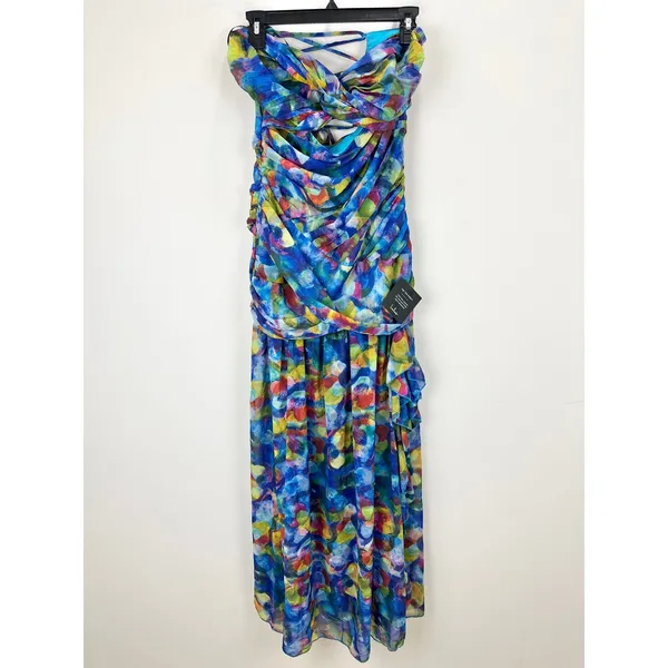 Lulus Jeniah Blue Multi Abstract Print Drop Waist Maxi Dress Formal Medium NWT - Image 6