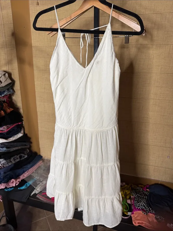 Free People Intimately Ivory Linen Blend Tiered Mini Dress Medium Cottagecore - Image 2