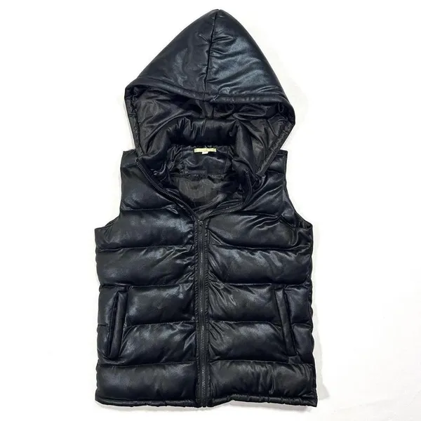 Gianni Bini Puffer Vest‎ Women's Faux Leather Hooded Black Gorpcore Size Small - Image 2