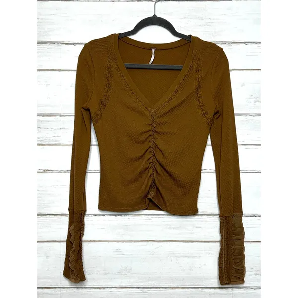 Free People Wear Me Out Brown Waffle Knit Ruched Mesh Sleeve Top Small - Image 2