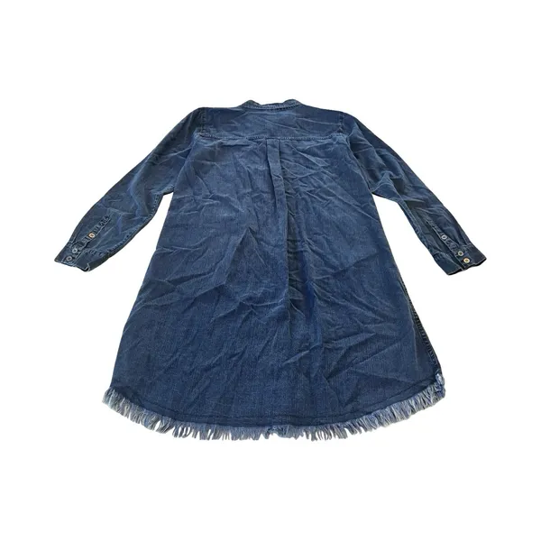 Eileen Fisher Denim Shirt‎ Dress Indigo Blue Tencel Organic Cotton Fringe Hem XS - Image 6