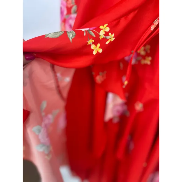 Altar'd State Wrap Dress Hi Lo Ruffle Orange Red Floral Medium Romantic Garden - Image 10