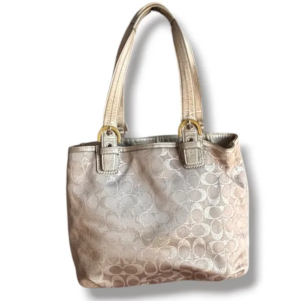 COACH SoHo Signature C Metallic Silver Jacquard Leather Trim Tote Shoulder Bag - Image 4