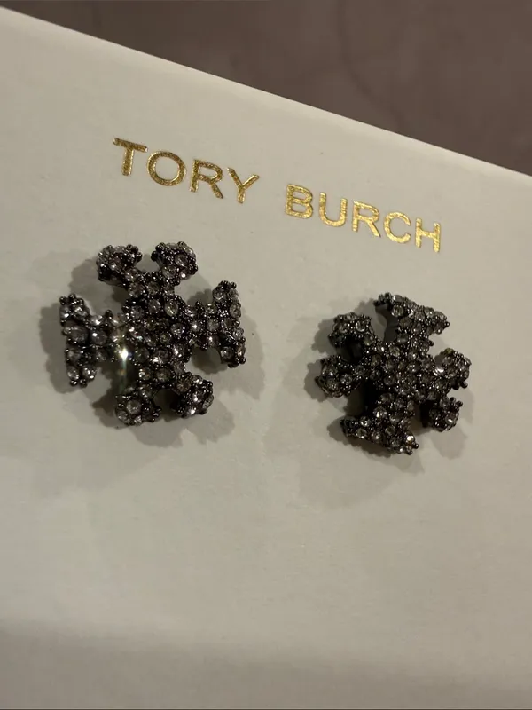 Tory Burch | Gunmetal Crystal Logo Stud Earrings | Small - Image 2