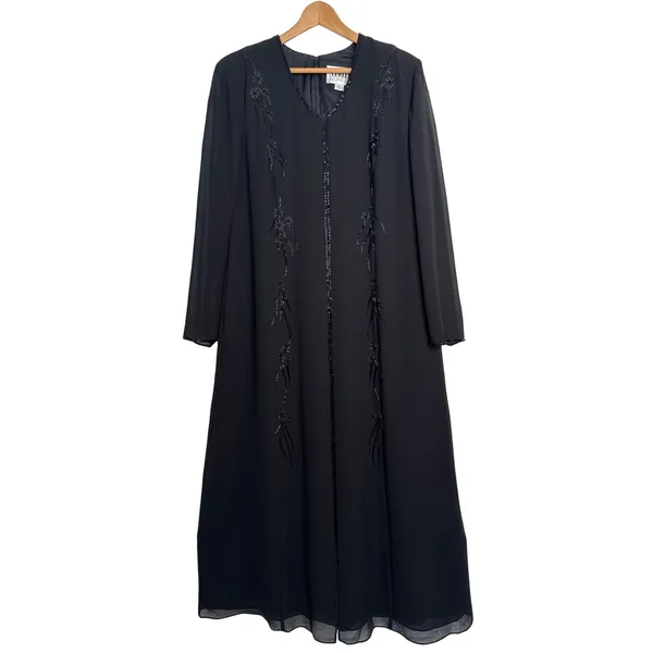 1990s Night Studio black beaded chiffon gown with sheer overlay & sleeves 16 - Image 2