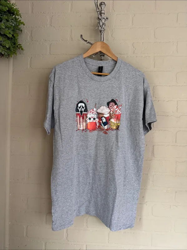 Horror Character Graphic Tee large Gray new pumpkin spice latte - Image 2