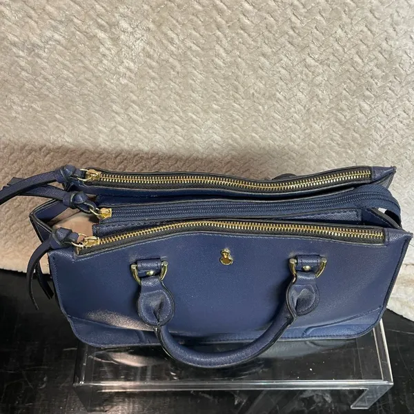 London Fog Navy Leather Handle Bag 3 Compartments‎ - Image 3