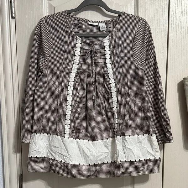 💖 Kim Rogers Cottage Peasant Style Gingham Blouse with Neck Tie Detail‎ - Image 2