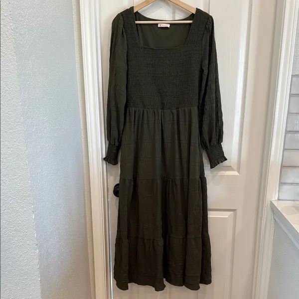 Kirundo smocked olive green long sleeve maxi dress - Image 5