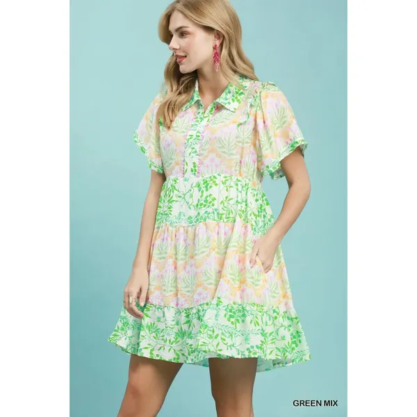 Umgee Mixed Floral Tiered Mini Dress with Flutter Sleeves - Green Mix - Medium - Image 2