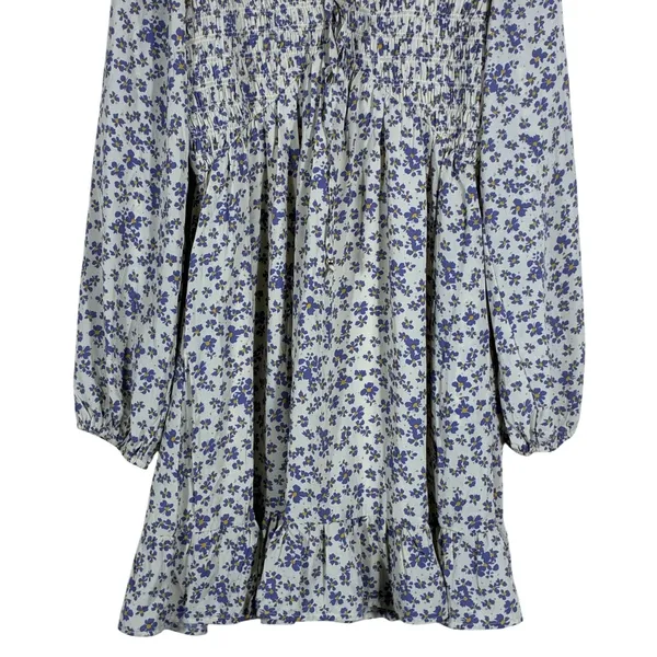 &merci Smocked Floral Mini Dress Blue Cream Boho Ruffle Long Sleeve Size S - Image 4