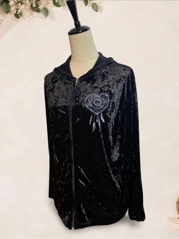 Big Bang USA Black Crushed Velvet Embroidered Zip Hoodie Large Y2K - Image 4