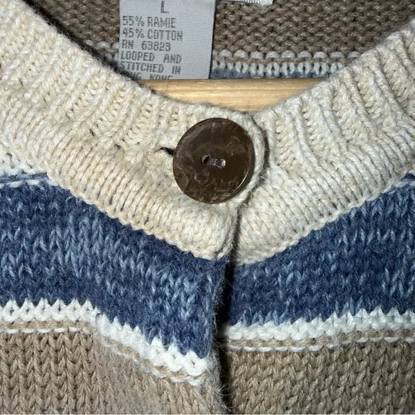 Vintage Christopher & Banks Blue Tan Brown Stripe Crew Neck Cardigan‎ Large - Image 3
